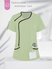 TaskEZ Women Contrasting Color Trim Short Sleeve Top, Scrub Tops Scrub Tops For Women Nursing Tops Nursing Clothes Scrubs Nurse Uniform Women Scrubs