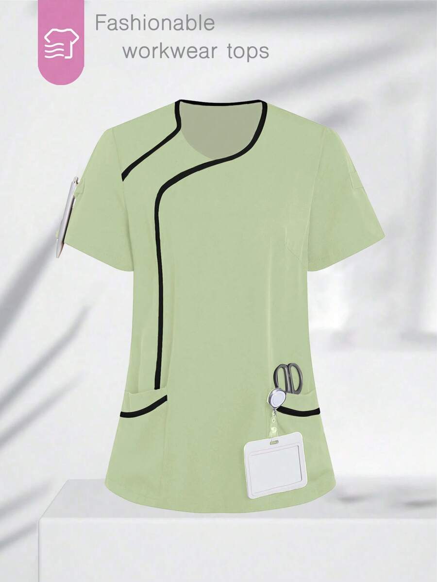 TaskEZ Women Contrasting Color Trim Short Sleeve Top, Scrub Tops Scrub Tops For Women Nursing Tops Nursing Clothes Scrubs Nurse Uniform Women Scrubs