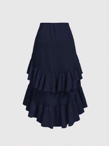 SHEIN MOD Women's Creamy Navy Summer Skirt With High-Low Hem ,Drawstring Ruffled Layered,Party Skirt,Boho Skirt,Lunch Skirt - Navy Blue - View 2