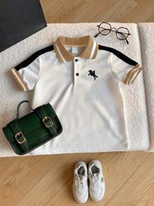 SHEIN Baby Boy Summer Casual Cute College Style Colorblock Short Sleeve Polo Shirt, Suitable For Birthday Party, Evening Party, Performance, Wedding, Baby Shower, One Month And One Year Celebration Baby Boy Polo Clothes - Multicolor - View 3