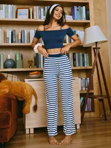 Minimalist Casual Ins Style Spaghetti Strap One Shoulder Striped Women Pajama Set Holiday Season - Blue and White - View 3