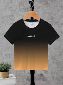 SHEIN 1 件幼儿男童休闲 T 恤，黑色至橙色渐变色，胸前印有白色“HELLO”，短袖，薄面料，适合春夏季穿着 - 彩色 - 查看 3