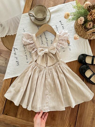 LMoss Kids Ung flickas enfärgade vävda klänning med fyrkantig halsringning och volangkant