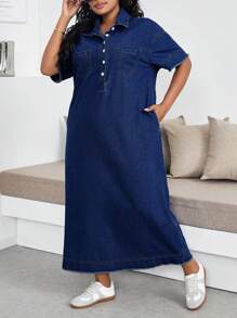 SHEIN Lady 大码休闲牛仔连衣裙，蓝色，短袖 - 深色水洗藍 - 查看 5
