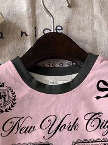 SHEIN 2pcs/Set Girl's Casual Lace Bow Decor Numeric 23 Print Short Sleeve Top And Shorts Set, Pink, Summer Outfit - Multicolor - View 4