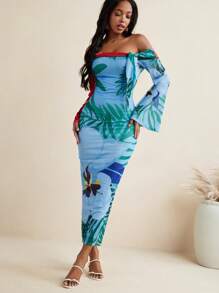 BELANGE HANDMADE Floral Mesh Print Off Shoulder Bow Flared Long Sleeves Fitted Women Dress Vacation Holiday