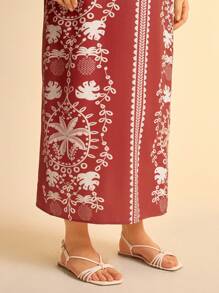 CAJUNI 加大码女式波西米亚风热带红色龟叶、菠萝、椰子树印花度假休闲海滩深 V 领灯笼袖露背长裙