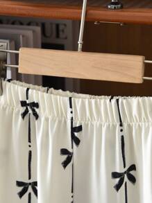 2pcs Set Young Girl Woven Striped Bow Decor Round Neck Tank Top & Loose Casual Wide Leg Pants - Black and White - View 5