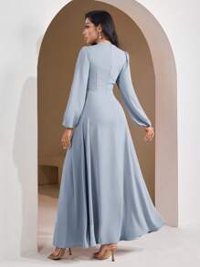 Veilorie Women's Solid Color Elegant Twist Pleated Long Sleeve Abaya Dress, Modest - Blue - View 2