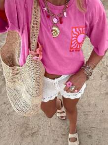 DrmWander Women's Casual Graphic Tee, Street Style Short Sleeve T-Shirt, Cute Summer Top, Vacation Vibe, Accented With Red