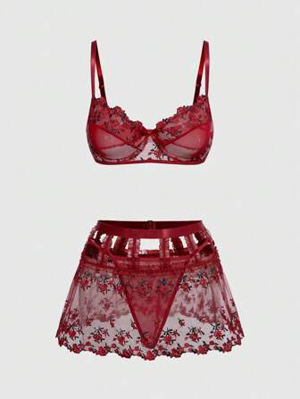 Goth Conjunto de lencería sexy con sostén con aros bordado con rosas, tanga y minifalda