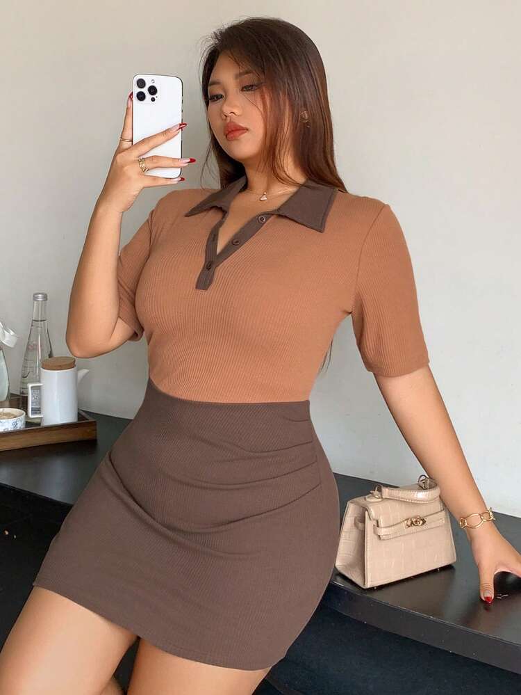 Dazy Plus Color Block Collared Short Wrap Dress,Casual Women Dresses