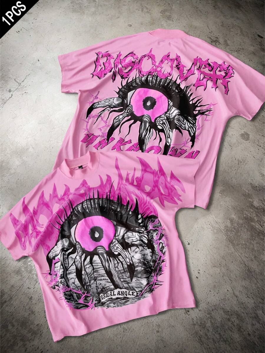 PAVTROS 男士夏季字母与眼睛图案烫金印花短袖 T 恤 - 粉色 - 查看 1