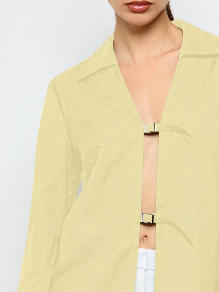 Long Sleeve V Neck Satin Blouse With Metal Buckle Detail
