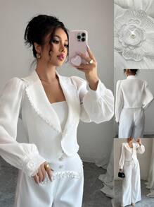 Modelyn Women's Lace Trim Short Lightweight Blazer, Fashion Spring/Summer - White - View 1