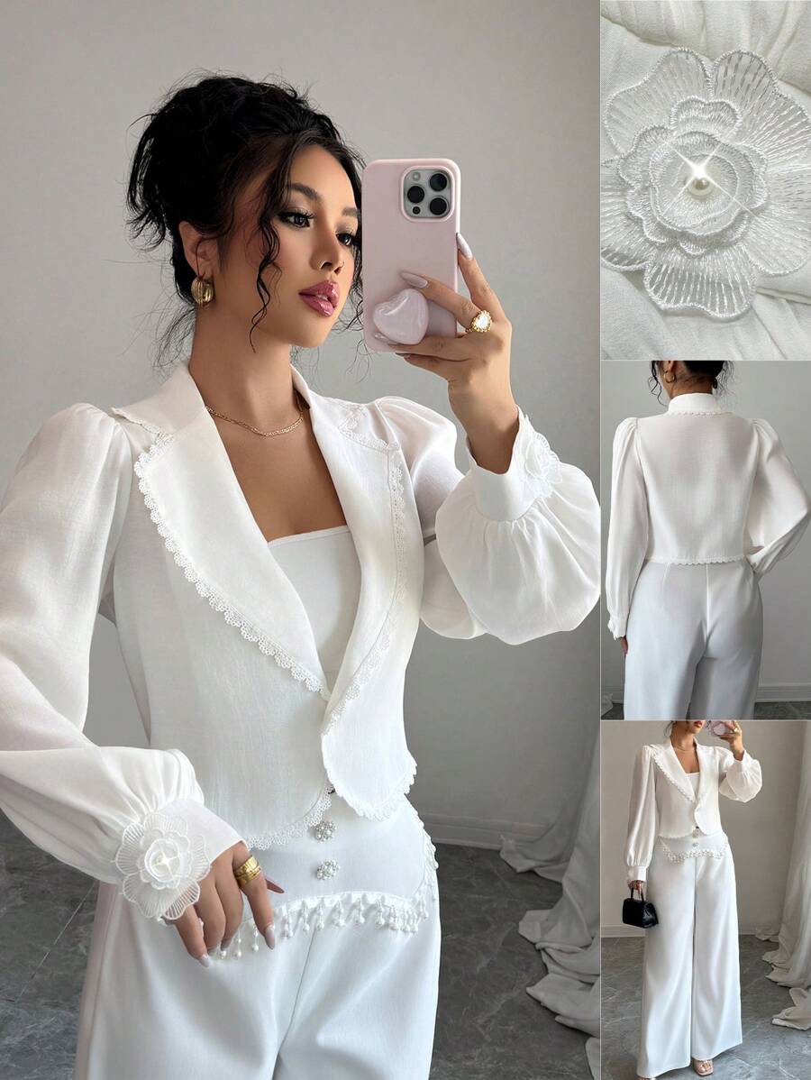 Modelyn Women's Lace Trim Short Lightweight Blazer, Fashion Spring/Summer - White - View 1