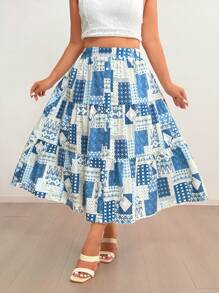 Flirla Rok A-Line Motif Patchwork untuk Wanita Ukuran Plus, Cocok untuk Liburan Musim Panas, Pakaian Musim Gugur untuk Wanita - MultiWarna - View 3