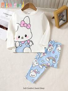 2 件套可爱猫咪卡通印花少女休闲舒适长袖上衣和裤子家居服套装 - 彩色 - 查看 8