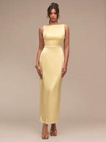 SHEIN BAE Women's Summer Solid Yellow Sleeveless Backless Bow Hip Straight Satin Elegant Midi Dress/Yellow Dress/Butter Yellow Dress/Summer Dresses For Women/Graduation Dress/Prom Dress/Wedding Guest Dress Women - White - View 3