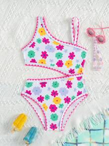 SHEIN Young Girl Floral Print One-Shoulder Cutout One-Piece Swimsuit, Vacation Beachwear Bathing Suit - Multicolor - View 1