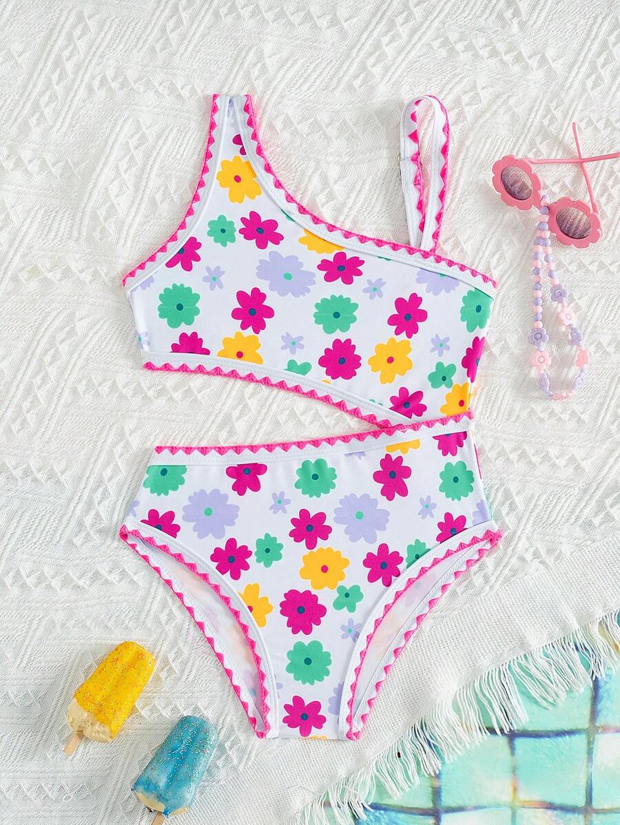 SHEIN Young Girl Floral Print One-Shoulder Cutout One-Piece Swimsuit, Vacation Beachwear Bathing Suit - Multicolor - View 1