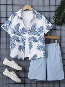 SHEIN Tween Boy Tropical Print Shirt & Shorts Without Tee - Blue and White - View 4