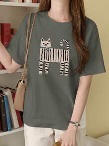 DAZY Camiseta de manga corta con cuello redondo y gráfico de gato para mujer, para primavera/verano, atuendos de maestro - Gris - Ver 3
