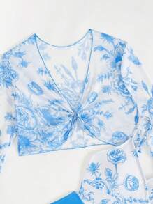 4 Piece Teen Girls Floral Print Bikini Set, For Summer Beach - Blue - View 3