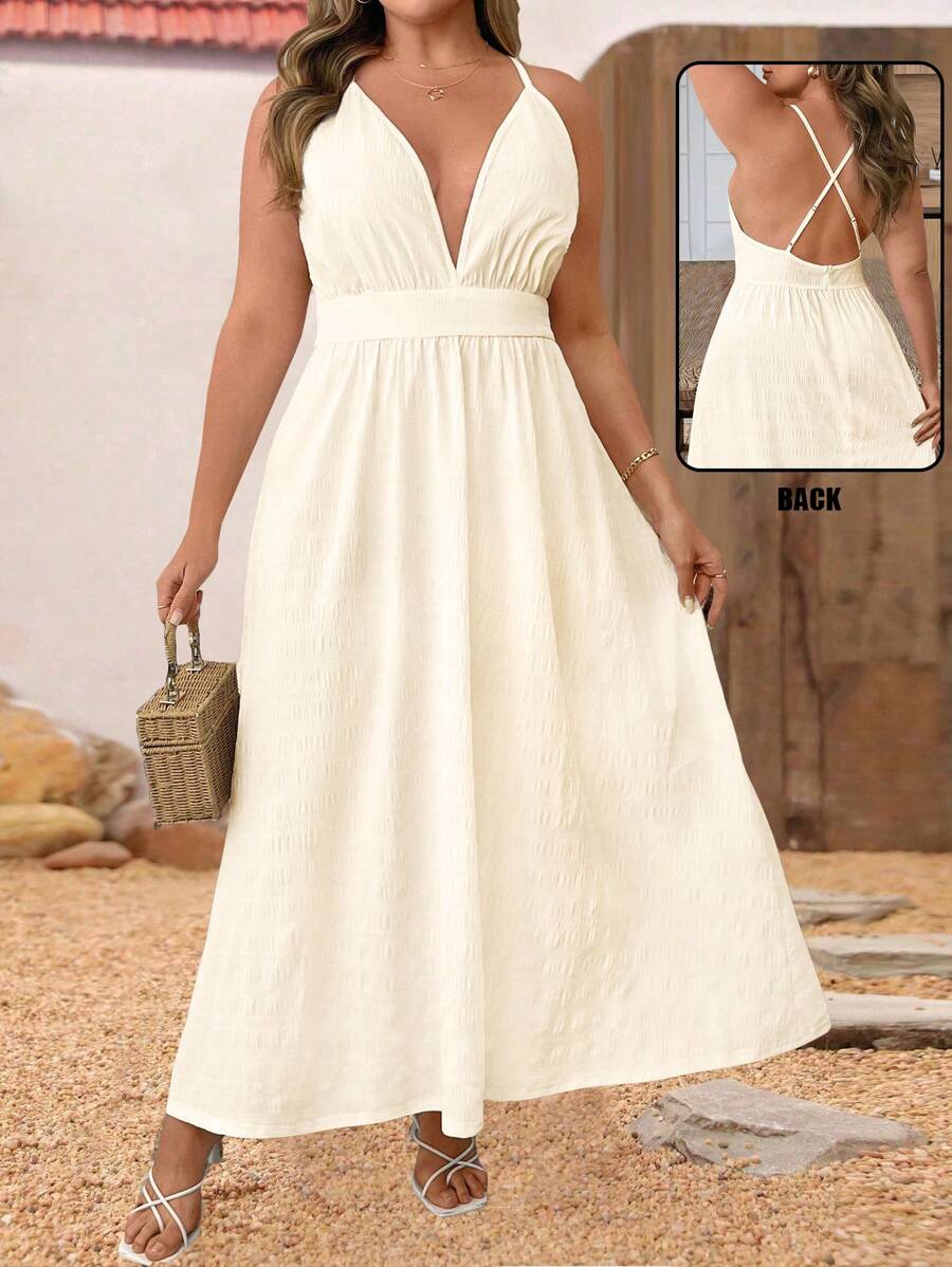 SHEIN Clasi 大码女式露背海滩度假浪漫连衣裙 - 白色 - 查看 1