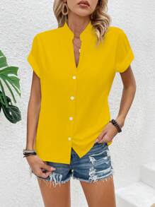 EMERY ROSE 女士休闲V领短袖纯色衬衫，夏季 - 黃色 - 查看 6