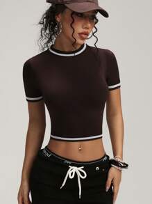 Easithlete 无缝高弹力撞色条纹修身运动T恤，夏季 - 棕色 - 查看 6