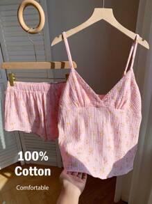 Comfortcana Women's 2pcs/Set Summer Vacation Textured Floral Print Camisole Top And Shorts Set