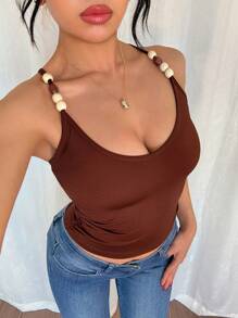 Chiquease Elegante y sexy top sin mangas con cuello en U y detalles de cuentas, ajustable con hebilla en color marrón café, para primavera y verano, top interior para mujeres - Café integral - Ver 6