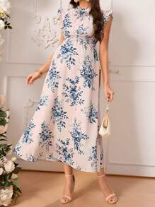 SHEIN Maternity Elegant Floral Allover Print Short Cap Sleeve Dress, Summer Summer Clothes Maternity Summer Dress - Pink - View 1