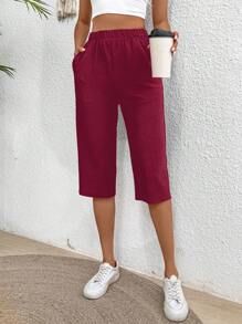 EMERY ROSE 女式纯色口袋松紧腰休闲七分裤 - 酒紅色 - 查看 5