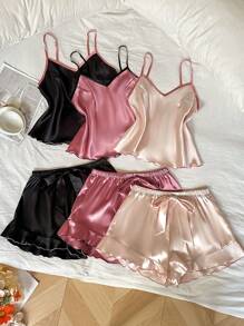 LuxeNights 3pcs Contrast Color Ruffle Trim Faux Silk Pajama Set - Multicolor - View 7