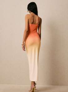 Poéselle Váy yếm hở lưng nhún bèo màu ombre cho nữ - trái cam - Xem 3