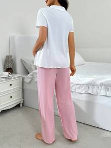 Moonlight & Mama Set de pijamale pentru femei, casual, cu guler contrastant, nasturi, tricotate, cu mânecă scurtă, bluze și pantaloni lungi, maternitate