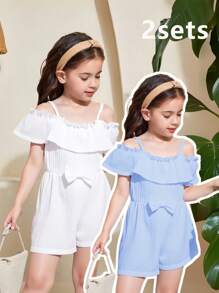 2 pièces Combinaison simple à volants et nœud pour jeunes filles, couleur unie, idéale pour les vacances décontractées - Multicolore - Voir 1