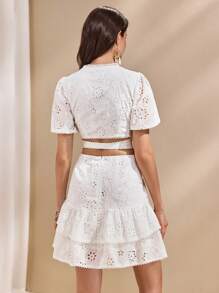 Almamuse Women Elegant Textured Embroidered Mini Skirt Set - White - View 2