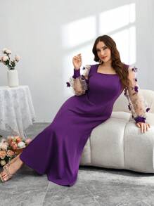 Modelyn Vestido midi de manga obispo con volumen en la cintura, bajo con abertura y bordados y patchwork, tela con textura, vestido elegante de oficina a fiesta cóctel de talla grande - Negro - Ver 7