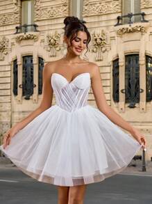 Lovelzi 奢华、优雅、高贵、宫廷风格、白色、闪光、薄纱、褶饰、抹胸、露肩领口、美人鱼廓形连衣裙，适合单身派对、婚礼、毕业季、度假、新娘送礼会礼物、新娘 - 白色 - 查看 6