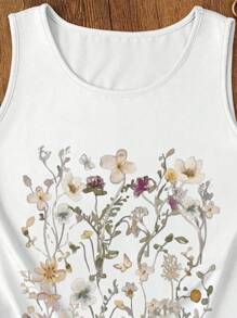 Floral Minimalist Print Round Neck Sleeveless Women Casual Tank Top - White - View 3