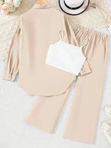 SHEIN Teen Girls' 3 Piece Set: Apricot Casual School/Home Loose Shirt, Vest And Relaxed Pants Set - Apricot - View 2