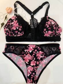 SHEIN 2pcs Lace Patchwork Printed Front Closure Wireless Lingerie Bra & Panty Set - Multicolor - View 6