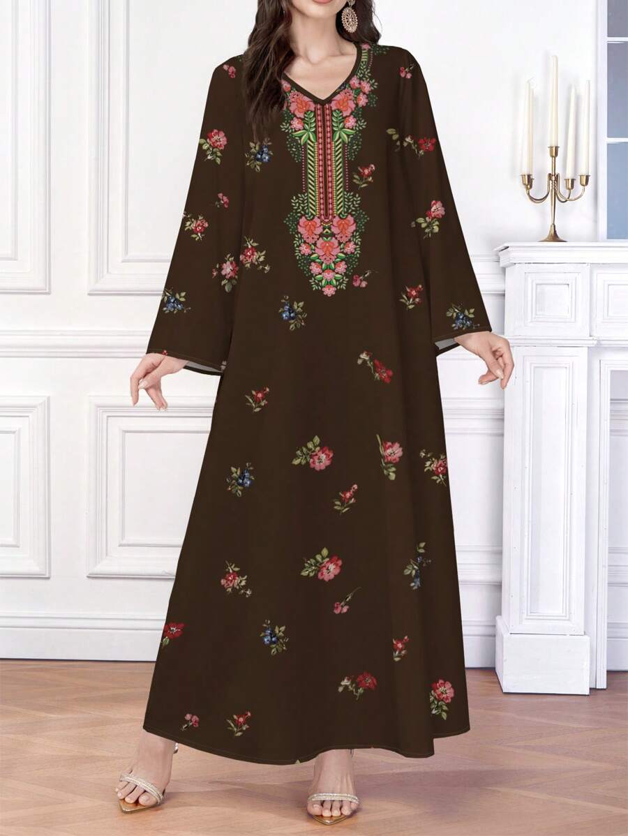 Al Najma 女士优雅印花 V 领长袖连衣裙,端庄的长袍 - 彩色 - 查看 1