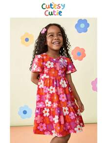 Young Girl Ditsy Floral Fitted Round Neck Casual Knit Dress - Multicolor - View 1