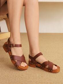 Styleloop Women's Round Toe Slip-On High Heel Sandals, Outdoor/Commuting, PU Thick Heel, Brown - Rust Brown - View 7