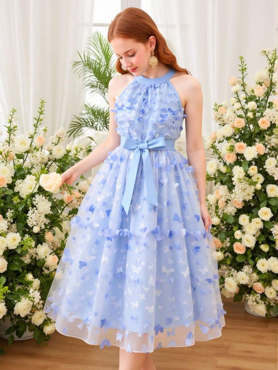 Sparklyn 少女 3D 花朵和蝴蝶装饰露背连衣裙，适合派对、生日、婚礼、春夏季