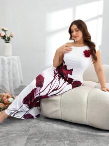 Modelyn Damen Große Größen elegantes 3D-schräge Schulter Top und körperbetonter Rock 1 Stück bedruckter Strickkombi 2 Teile Set - Rot-Weiß - Übersicht 3